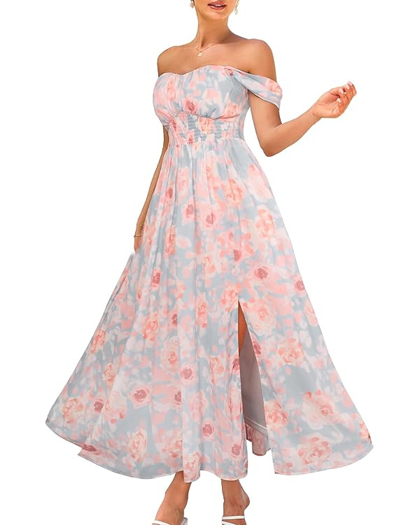 GRACE KARIN 2024 Women's Summer Floral Print Flowy A Line Maxi Dresses Sleeveless Smocked Off Sho... | Amazon (US)
