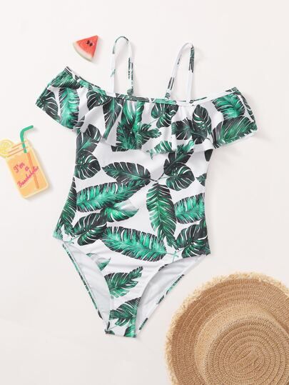 Girls Tropical Print Ruffle One Piece Swimsuit | SHEIN