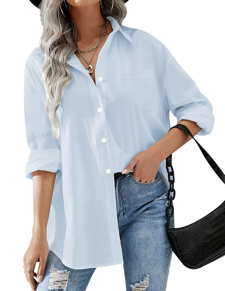 HOTOUCH Women Oversized Button Down Shirts Office Drop Shoulder Blouse Long Sleeve Boyfriend Dres... | Amazon (US)