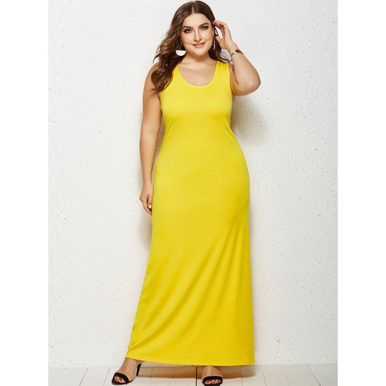 Hotian Women Curvy Plus Size Summer Casual Maxi Tank Dress Yellow 5XL (one size smaller) | Walmart (US)