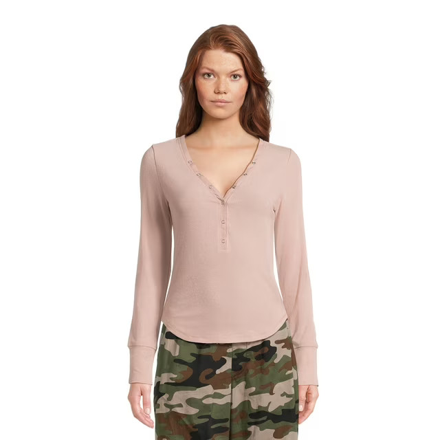 No Boundaries Juniors' Ribbed Henley Top with Long Sleeves, Sizes XS-XXXL | Walmart (US)