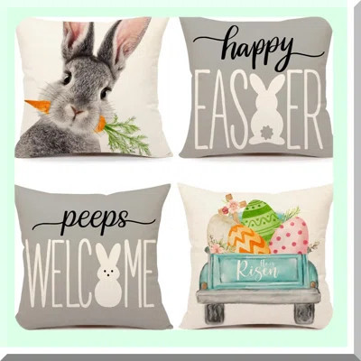 Spring Farmhouse Pillow Covers Set - Welcome Peeps Bunny Eggs Truck Decorative Throw Cushion Case - Pack of 4 for Home Decor - TH164-20 | Wayfair North America