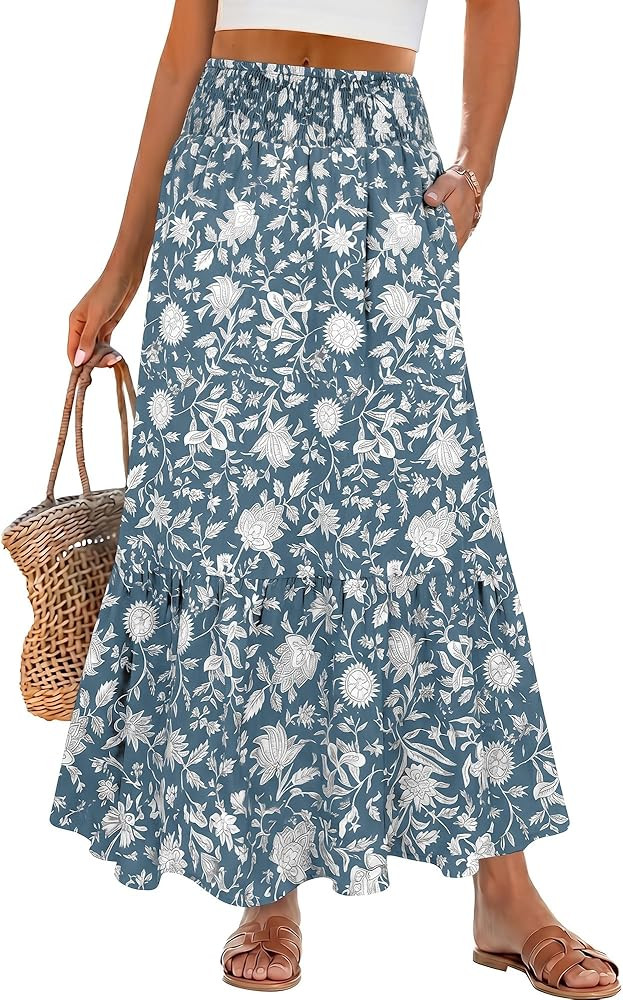 ANRABESS Women Boho Floral Maxi Skirts, High Waisted Tiered Skirt, Flowy Beach Skirts with Pocket... | Amazon (US)