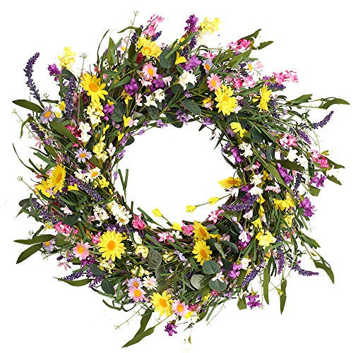 J'FLORU Spring Wreath 24 Inch Summer Wreaths for Front Door Artificial Flower Wreath with Daisy and Lavender for Indoor Outdoor and Easter Celebration | Amazon (US)