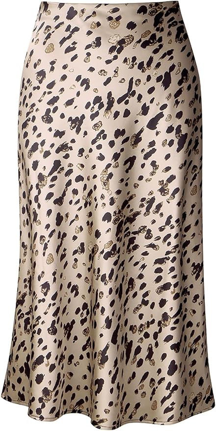 Keasmto Leopard Skirt for Women Midi Length High Waist Silk Satin Elasticized Cheetah Casual Ladi... | Amazon (US)