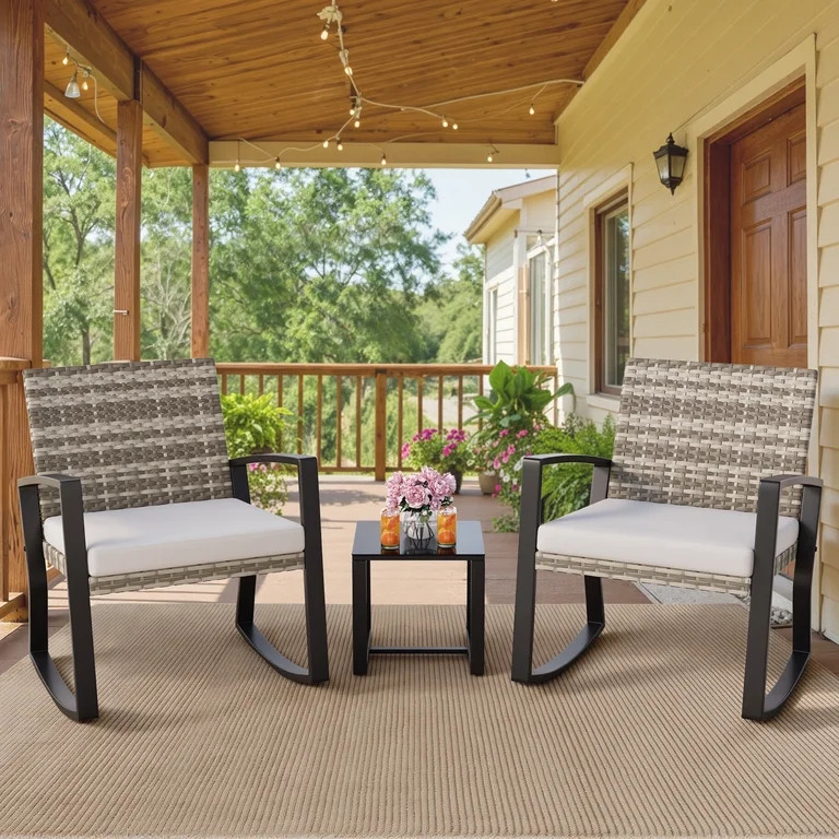 Asofer Patio Furniture Set, Rattan Rocking Chair with Coffee Table, for Bistro, Conversation, Gar... | Walmart (US)