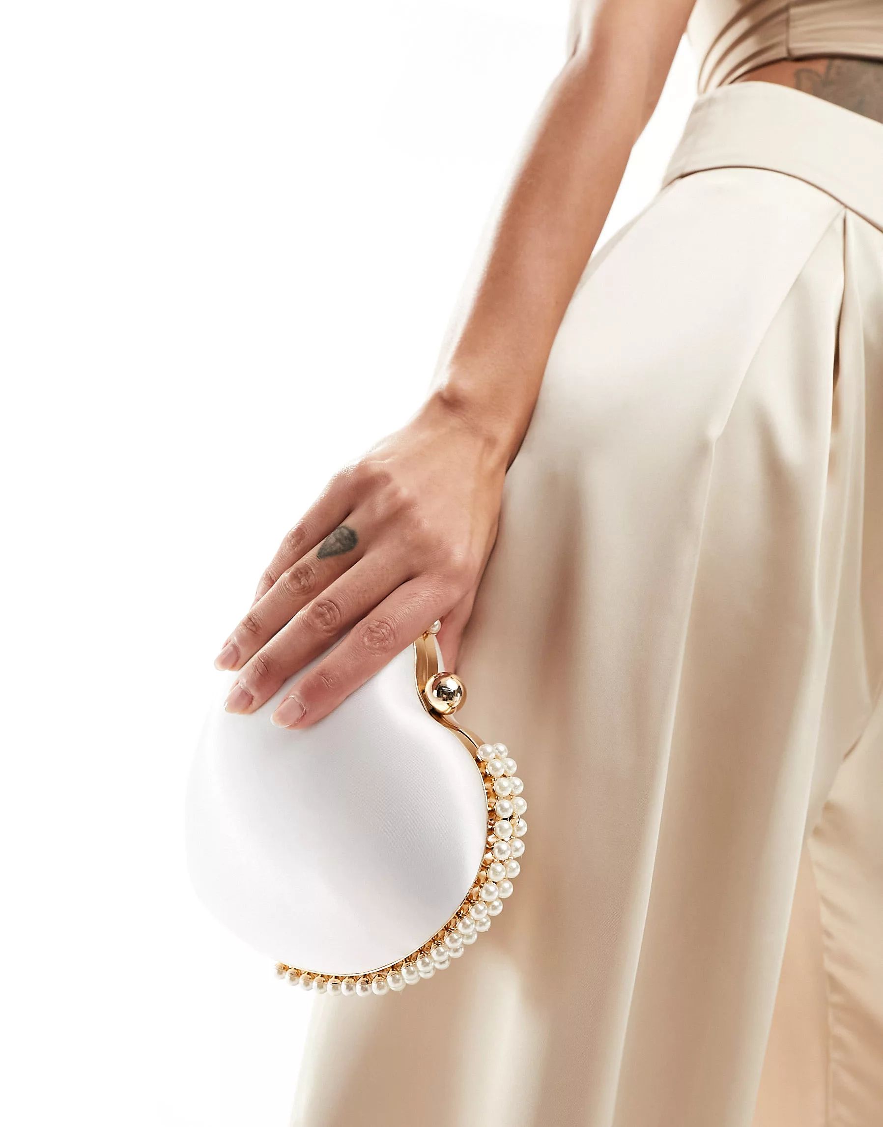 True Decadence pearl trim heart clutch bag in white satin  | ASOS | ASOS (Global)