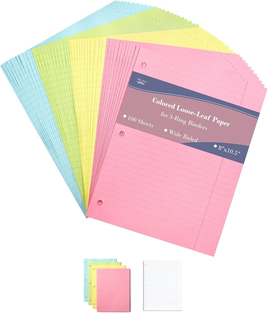 Mr. Pen- Colored Loose Leaf Paper Wide Ruled, 100 Sheets, 8” x 10.5”, 3- Hole Punched, Notebo... | Amazon (US)