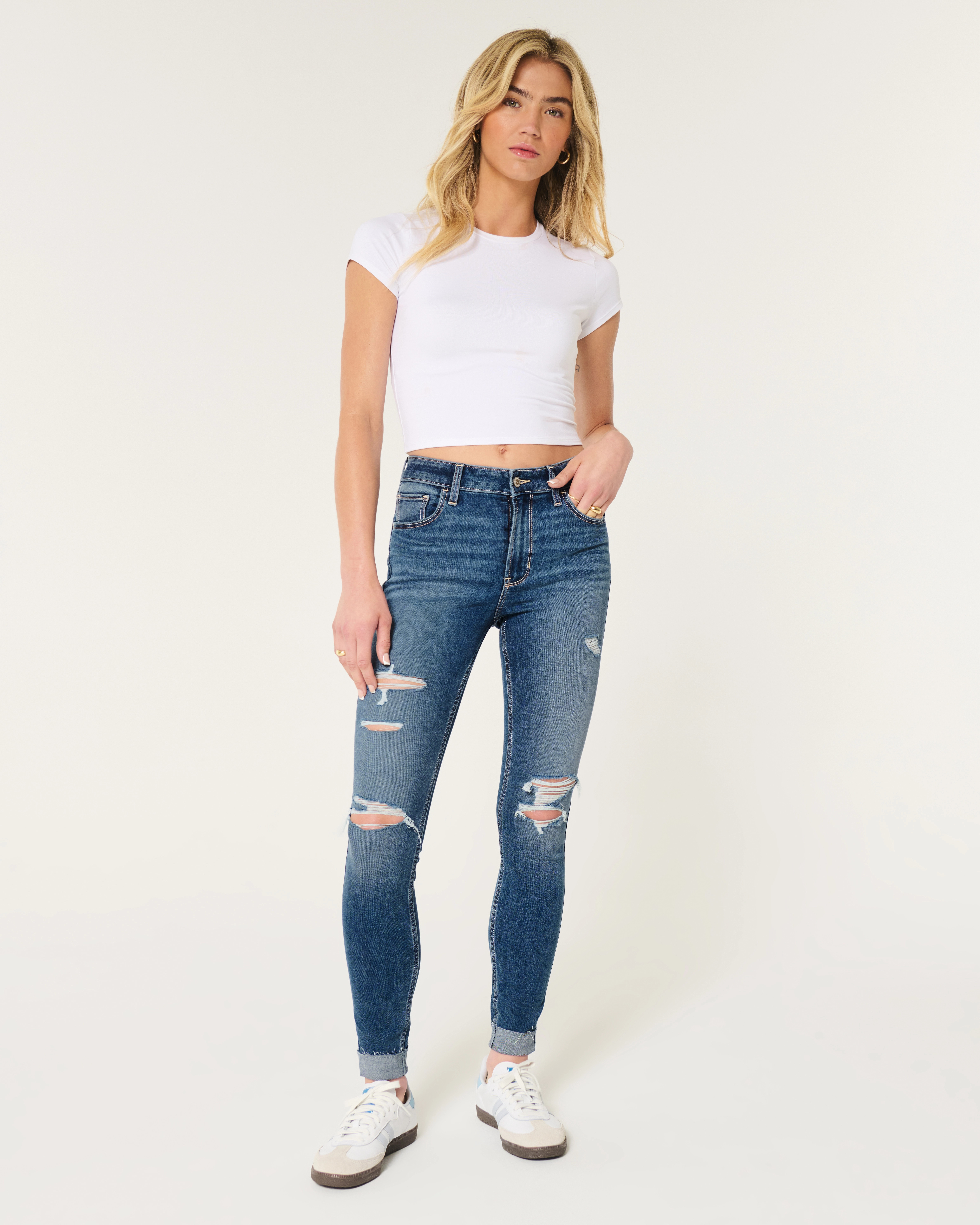 High-Rise Ripped Medium Wash Super Skinny Jeans | Hollister (US)