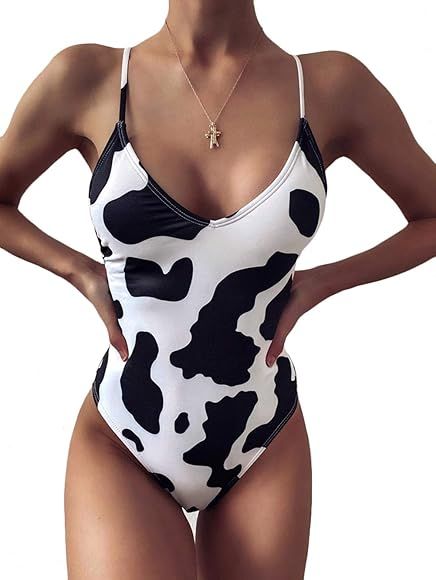 Womens One Piece Cow Print Pattern High Cut Bodysuit Swimsuit Bikini Swimwear Rave Festival | Amazon (US)