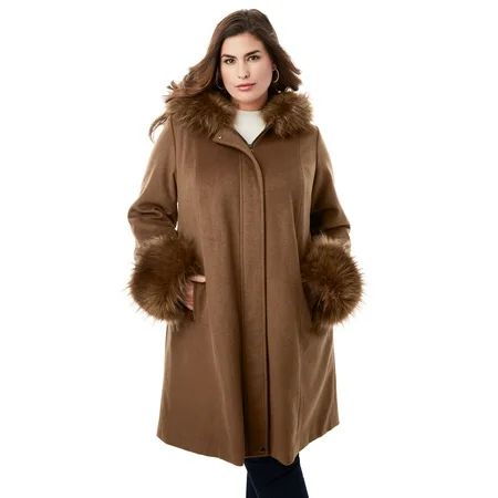 Jessica London Women's Plus Size Hooded Faux Fur Trim Coat Winter Wool Hooded Swing Coat | Walmart (US)
