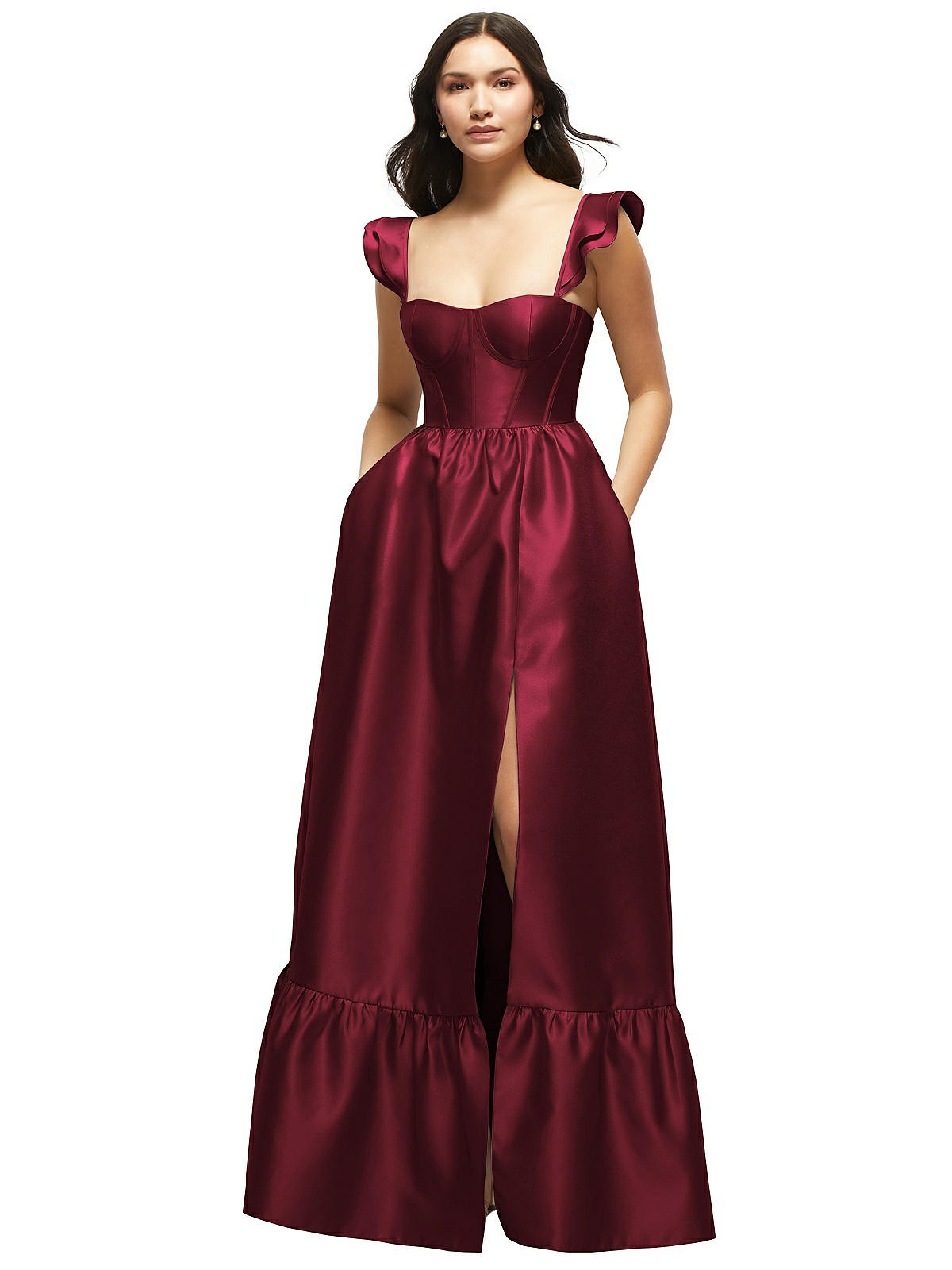 Satin Corset Maxi Dress with Ruffle Straps & Skirt in Cabernet | Dessy Group