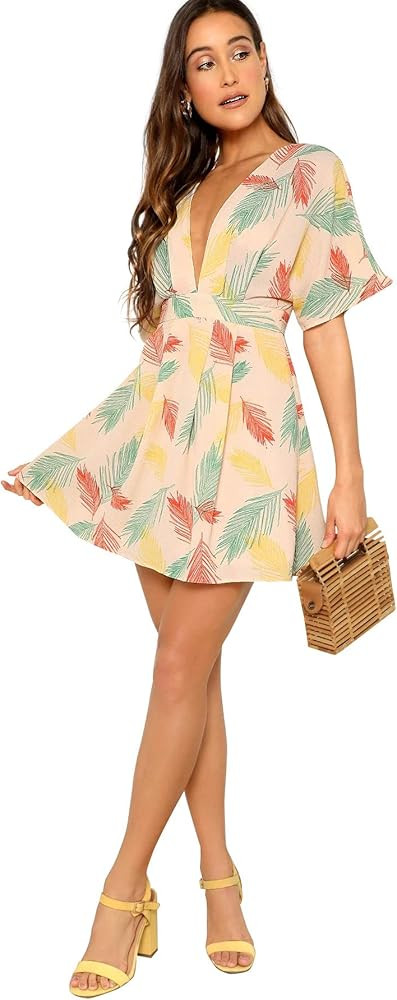 Floerns Women's Ditsy Floral Plunge Neck Knot Front A Line Short Dress | Amazon (US)