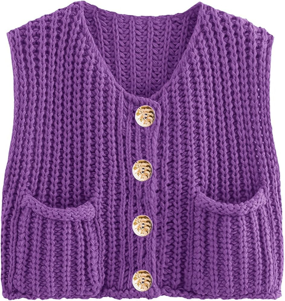 Womens Summer Crop Knit Sweater Vest Sleeveless Button Down Chunky Knit Vest Cardigan with Pocket... | Amazon (US)