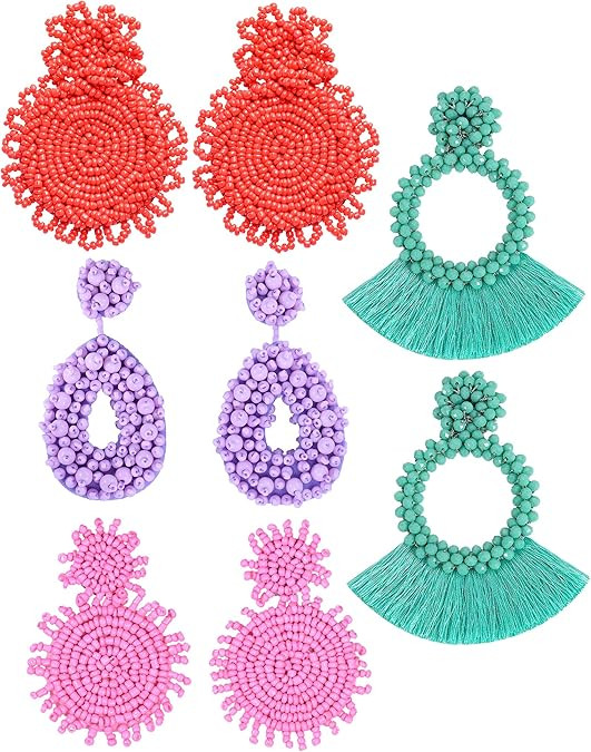 4 Pairs Statement Drop Earrings for Women - Bohemian Beaded Round Dangle Earrings Long Chandelier... | Amazon (US)