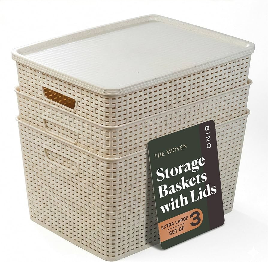 BINO | Plastic Storage Baskets with Lids, 33 Liter - 3 Pack, Natural | THE WOVEN COLLECTION | Sto... | Amazon (US)