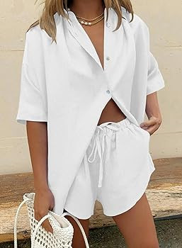 Fixmatti Women 2 Piece Outfits Long Sleeve Button Down Blouse and Shorts Sweatsuit Sets | Amazon (US)