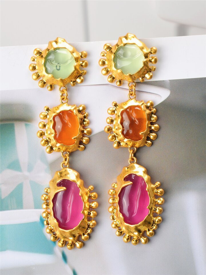 1pair Vintage Metal Geometric & Asymmetrical Acrylic Pendant Earrings, Suitable For Daily And Vac... | SHEIN