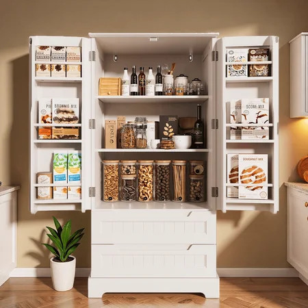 Pantry Cabinet, Lofka 47" Kitchen Pantry Storage Cabinet - 2 Shelves, 2 Drawers & 6 Side Door Shelves - Durable, Magnetic Closure | Walmart (US)
