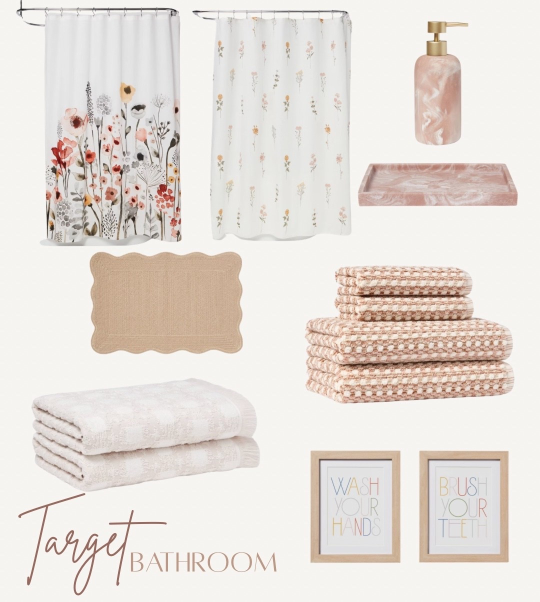 Spring bathroom, girls bathroom, bathroom reset, woven bath rug bath mat, hand towels bath towels. Spring floral shower curtain, rose quartz hand soap dispenser and resin tray, kids bathroom wall art shelf decor