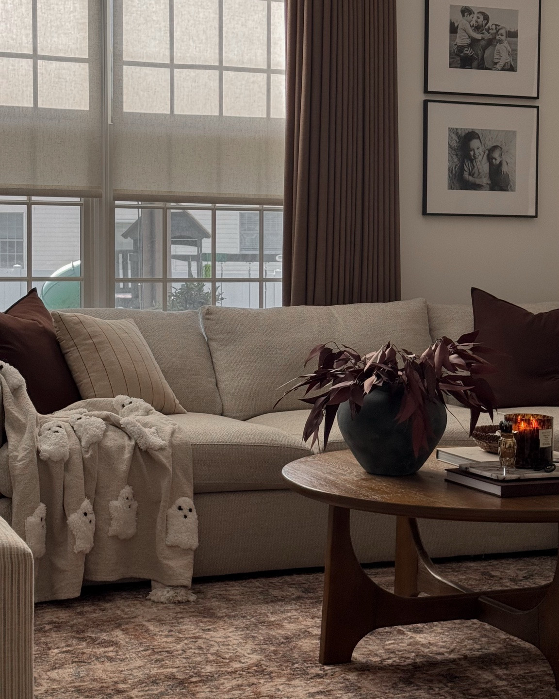 Fall decor, living room decor, coffee table decor, fall stems, Amazon curtains, smart Roman shades, sectional sofa, living room rug, moody decor, fall throw pillows

#LTKHome