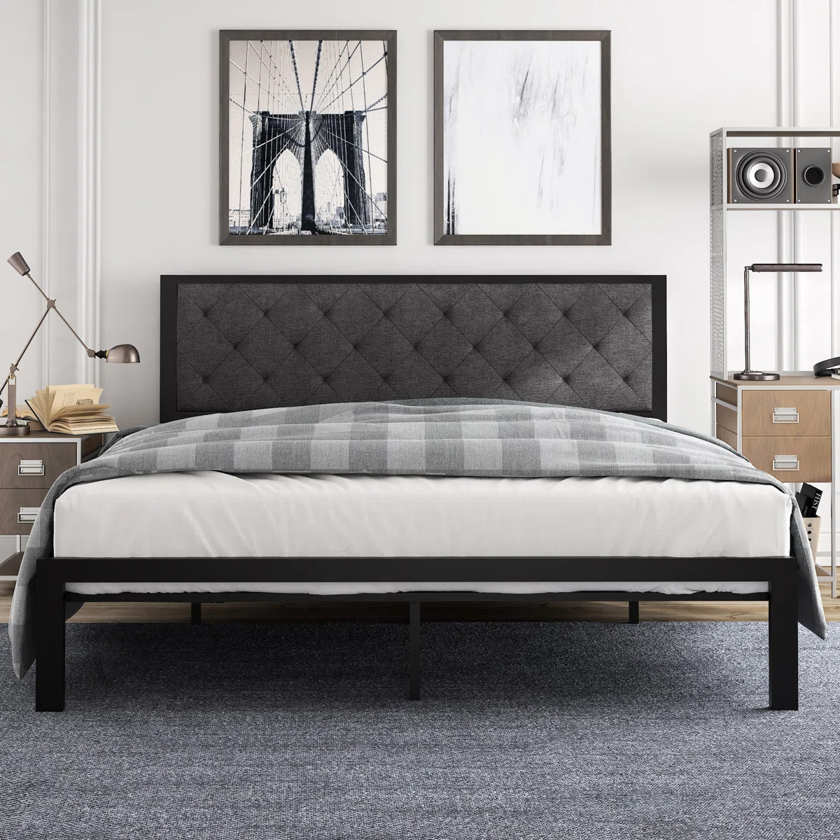 Toms Metal Platform Bed Frame with Linen Upholstered Headboard | Wayfair North America