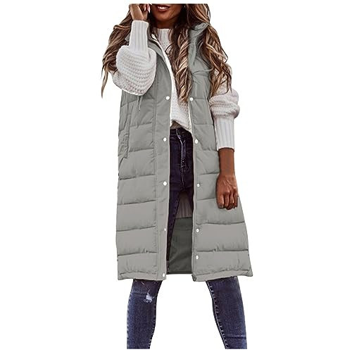 Smoneyful Women's Long Vest Sleeveless Lightweight Puffer Jacket Packable Hooded Down Coat Quilted Vest with Hood Winter Grey | Amazon (US)