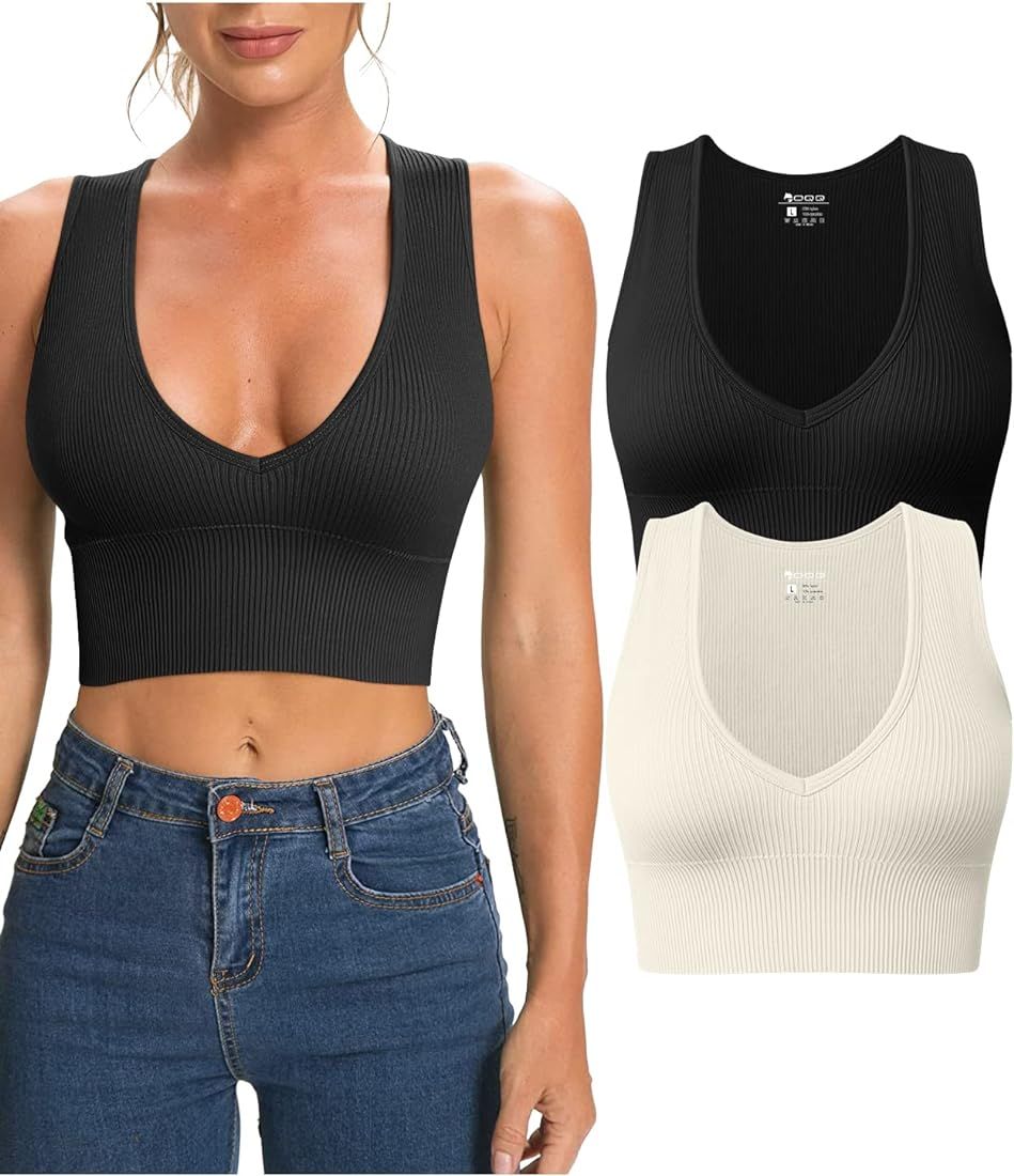 OQQ Women's 2 Piece Tank Tops Ribbed Sleeveless Sexy Deep V Neck Removable Cups Yoga Crop Tops | Amazon (US)