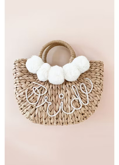 Hand-Lettered Bride Straw Handbag with Pom Poms | Davids Bridal