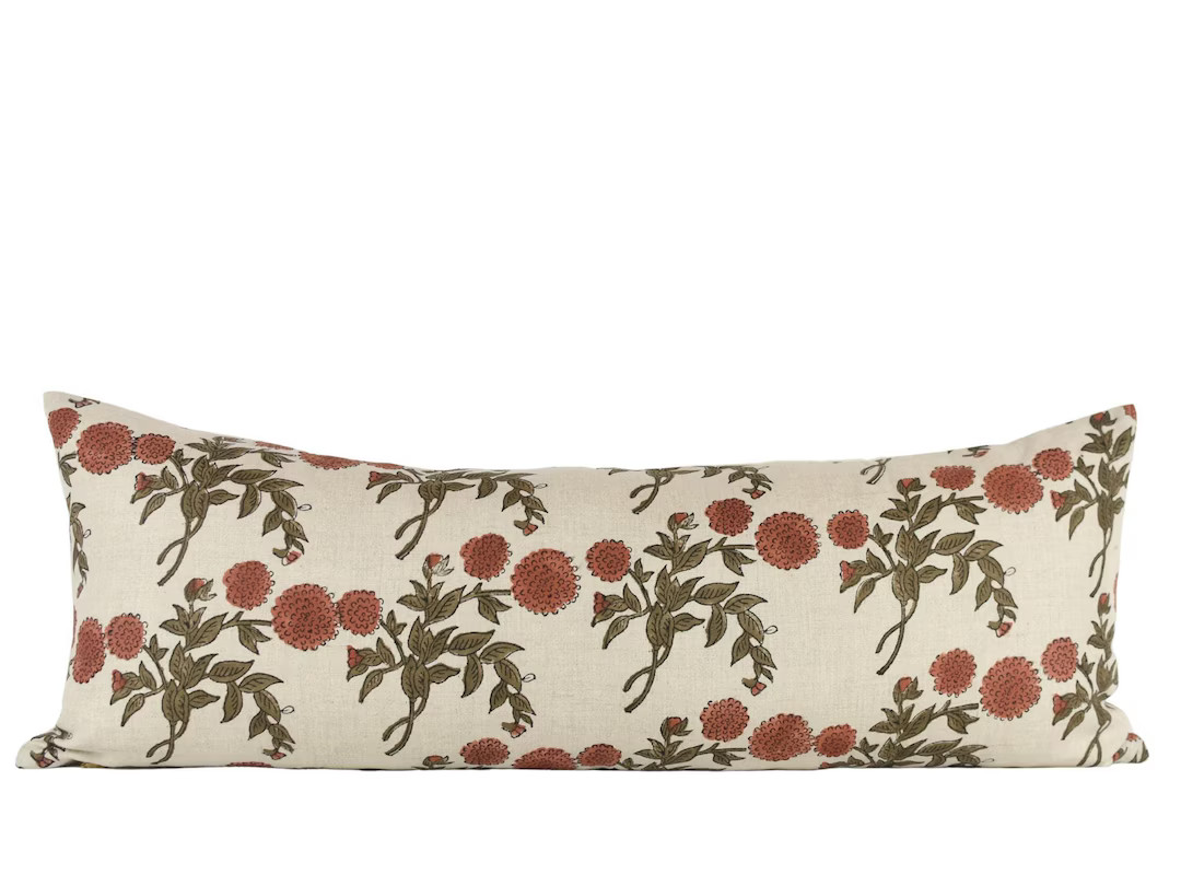 KAREENA LONG LUMBAR Hand Block Printed Floral Linen Pillow, Fall Pillow, Spring Pillow, Pattern P... | Etsy (US)