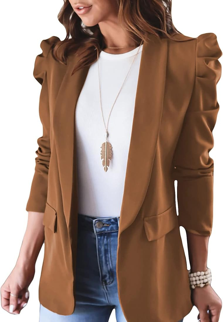 KIRUNDO Womens Blazer Casual Bussiness Puff Sleeve Pad Shoulder Open Front Work Blazer Suit Jacke... | Amazon (US)