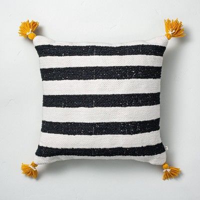 18" x 18" Cabana Stripes Indoor/Outdoor Throw Pillow Black/Yellow - Hearth & Hand™ with Magnoli... | Target