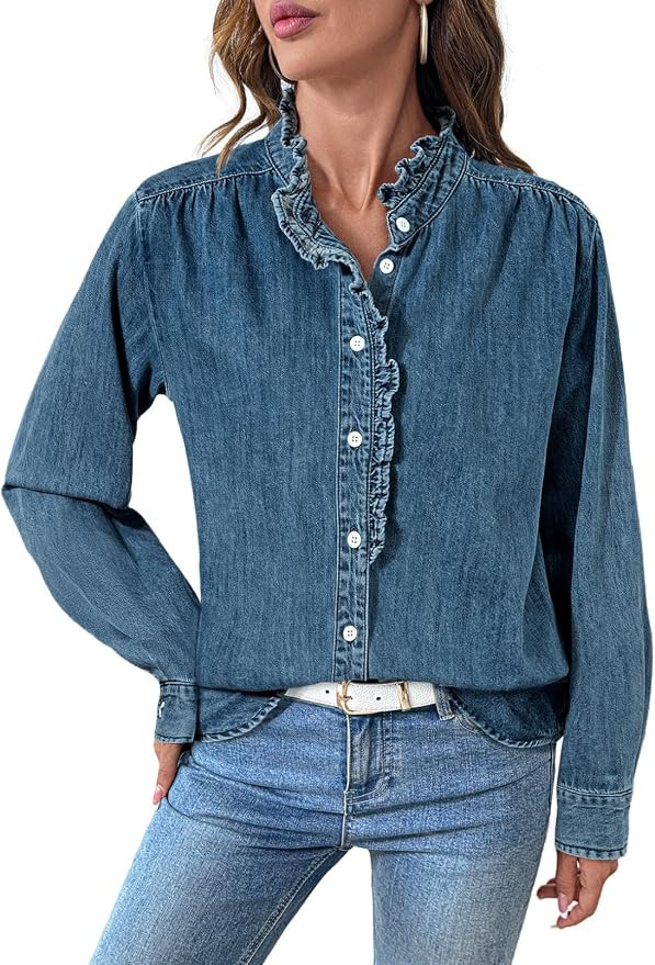 Sidefeel Womens Button Ruffled Edge Denim Shirt | Long Sleeve, Office Work, Trendy Spring Fall Cl... | Amazon (US)