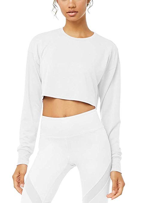 Mippo Womens Long Sleeve Crop Top Loose Crewneck Pullover Shirt with Thumb Hole | Amazon (US)