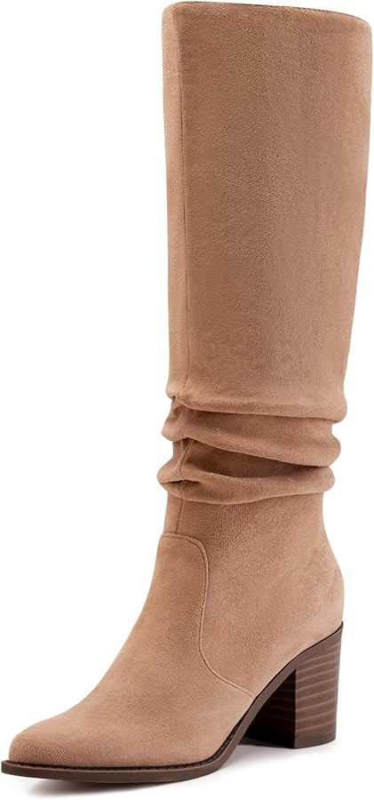 Athlefit Womens Knee High Chunky Heel Boots Faux Suede Pointed Toe Side Zipper Boots | Amazon (US)