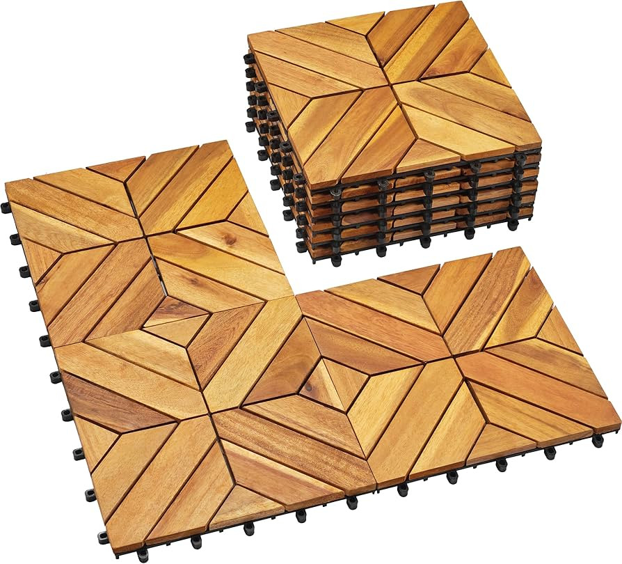 PrimeZone 9 PCS Solid Acacia Wood Interlocking Patio Deck Tiles - 12" x 12" Indoor Outdoor Waterp... | Amazon (US)