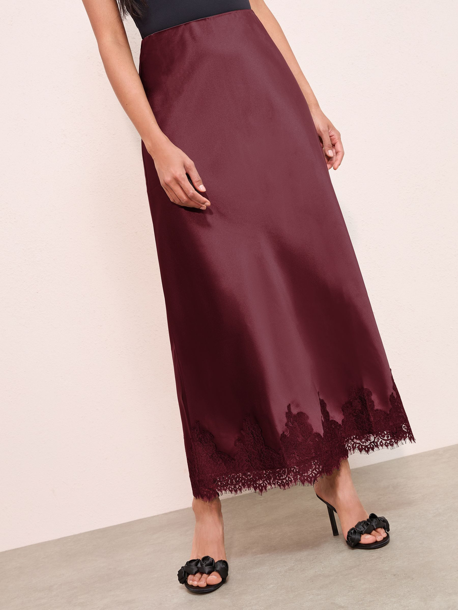 friendslikethese Friends Like These X Lucy Mecklenburgh Burgundy Satin Lace Trim Maxi Skirt | Next US