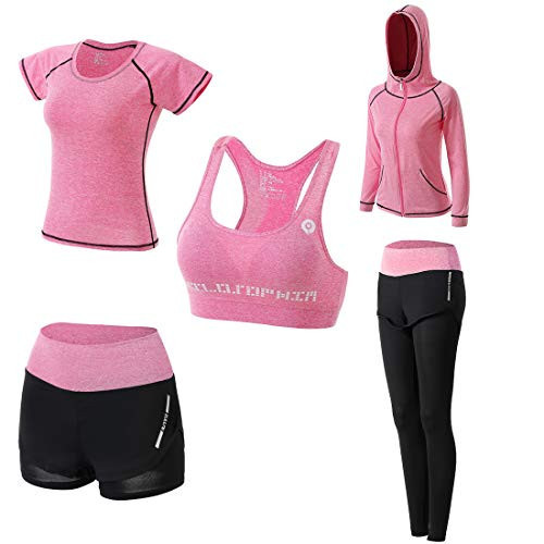 Workout Outfit Set for Women Yoga Exercise Cloth with Sport Bra Shorts Leggings(Pink, M) | Amazon (US)