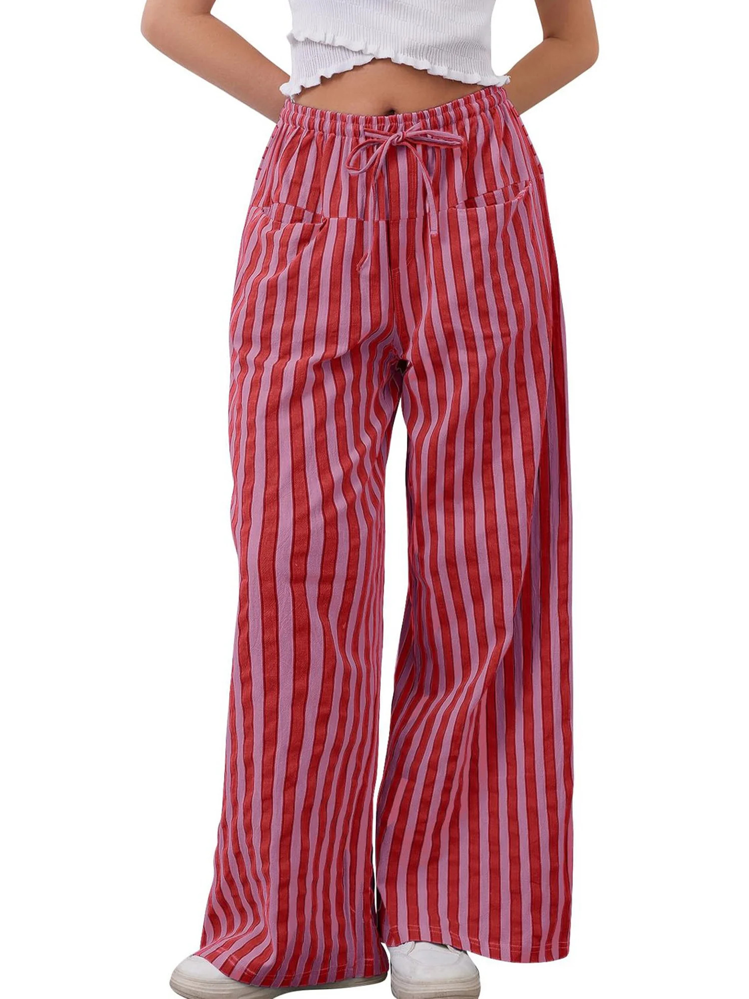 TEMOFON Womens Striped Wide Leg Pants Palazzo Casual Drawstring Loose gingham Pants Comfy High Wa... | Walmart (US)