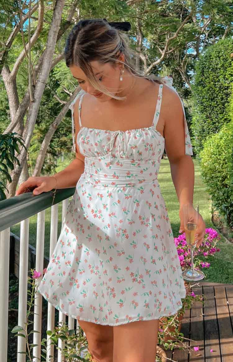 Althea White Floral Tie Strap Mini Dress | Beginning Boutique (AU)