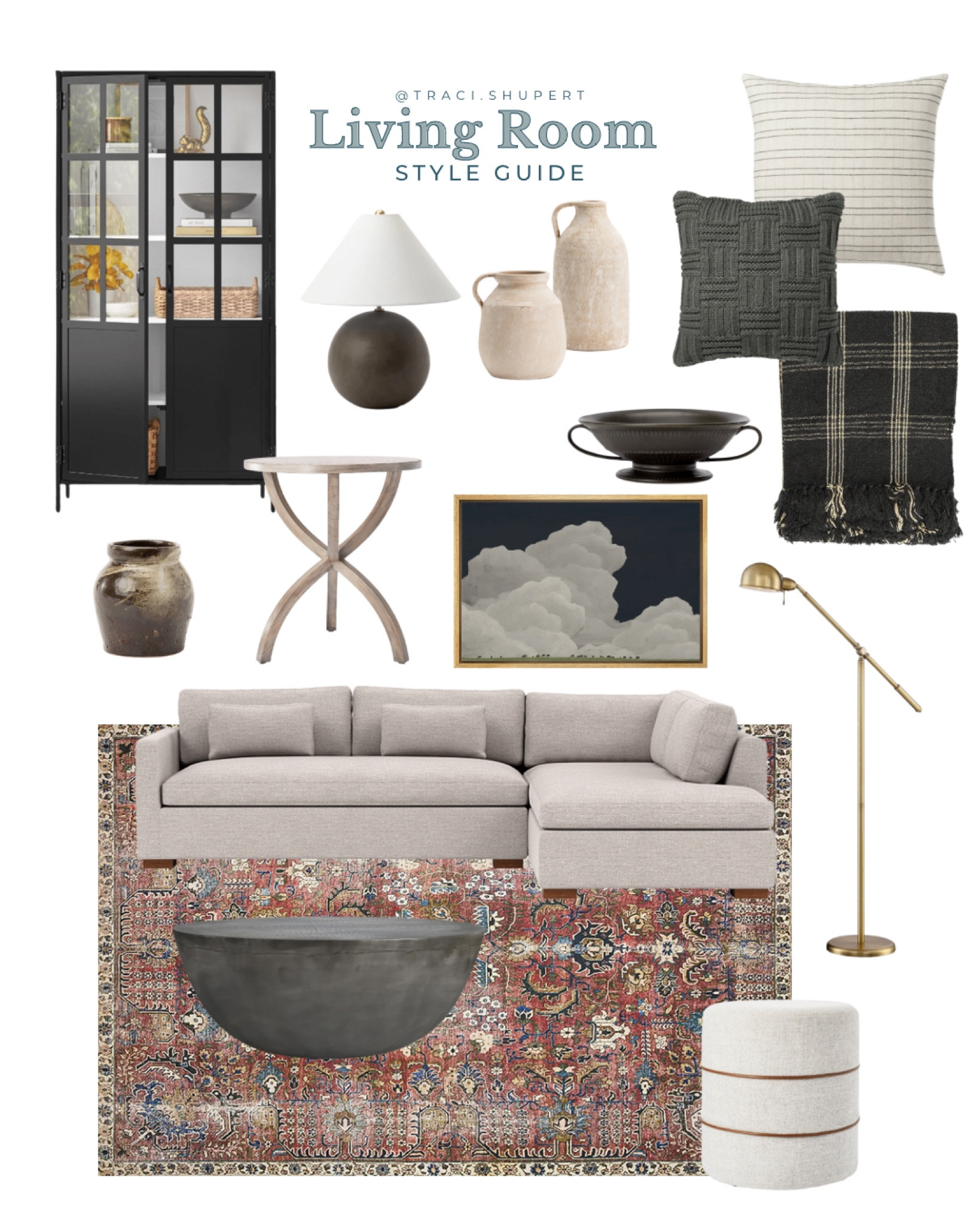 Living room, Interior Define, Charly sofa, Chris Loves Julia, Studio McGee, McGee & Co., Loloi, rug, vintage rug, floor lamp, table lamp,  vase, pottery, coffee table, ottoman, pillow, throw, glass cabinet

#LTKfamily #LTKSeasonal #LTKhome