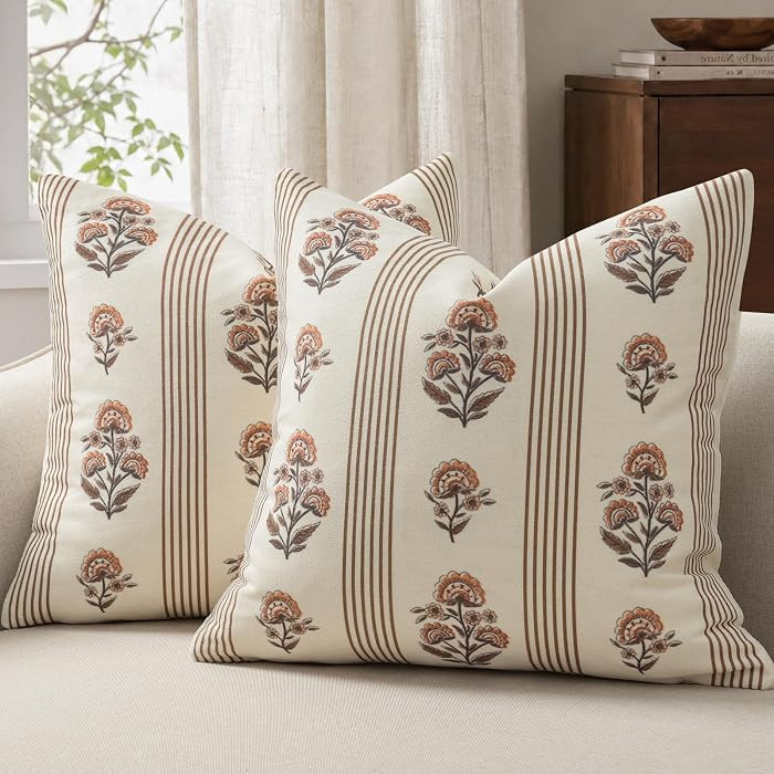 Vintage Throw Pillow Covers 18x18 Set of 2, Striped Floral Fall Pillow Cover Botanical Patterned ... | Amazon (US)