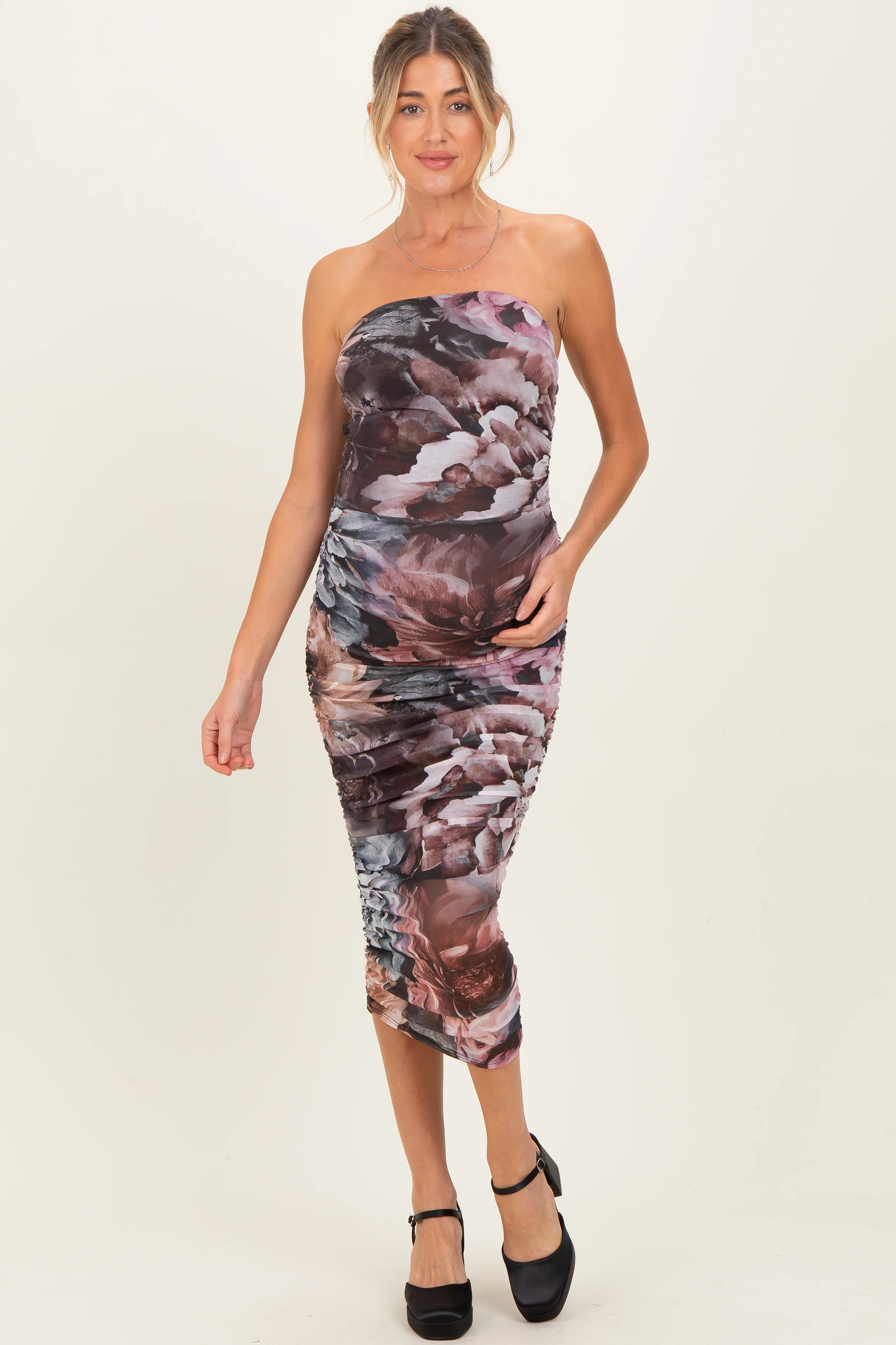 Mauve Floral Mesh Strapless Ruched Maternity Midi Dress | PinkBlush Maternity