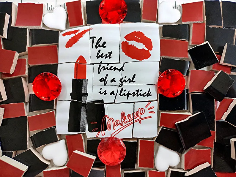 Lipstick is a Girls Best Friend - Hand Cut Broken China Mosaic Tiles - Etsy | Etsy (US)