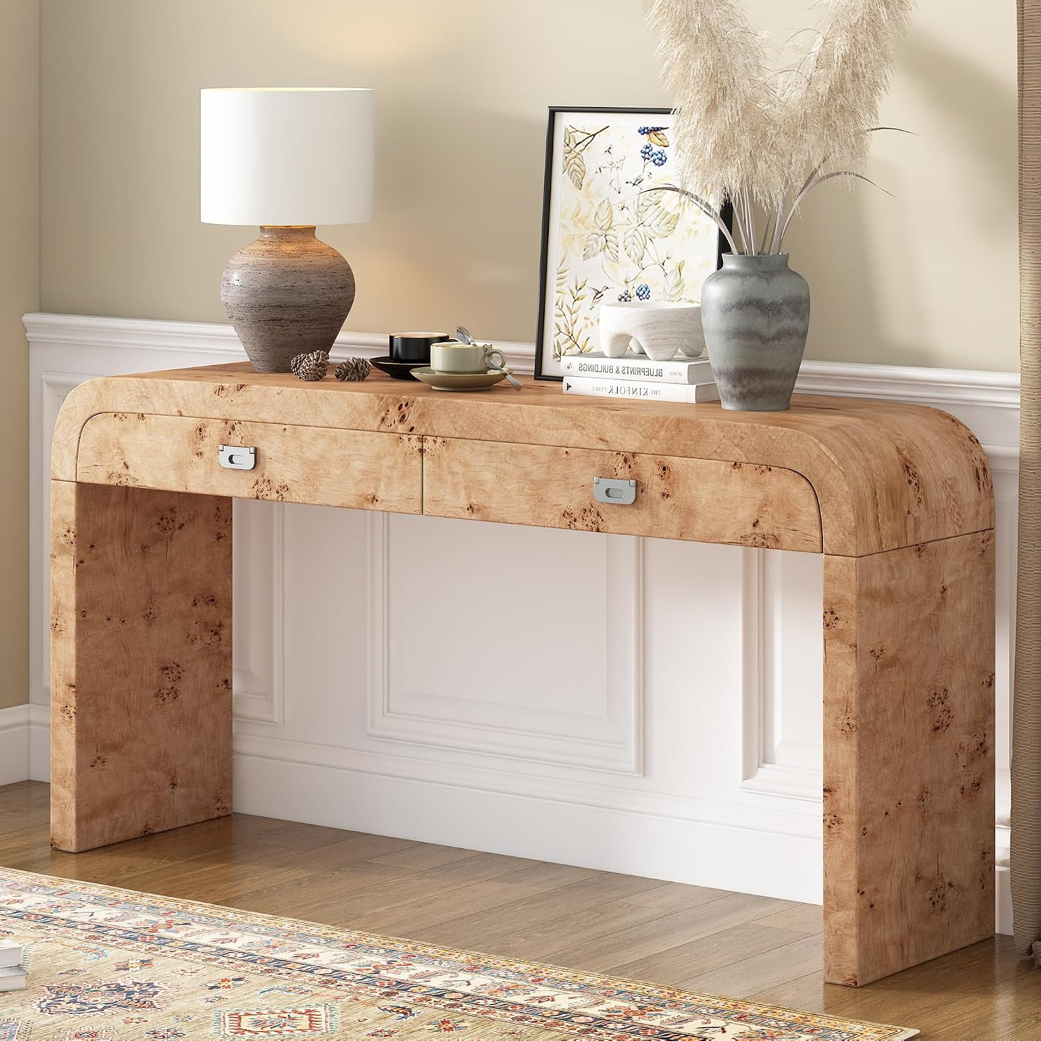Modern Unique Curved Console Table with 2 Drawers and Burl Wood Veneer, 60'' Long Accent Entryway Table Sofa Table for Hallway Living Room Foyer Corridor (Brown-BU) | Amazon (US)
