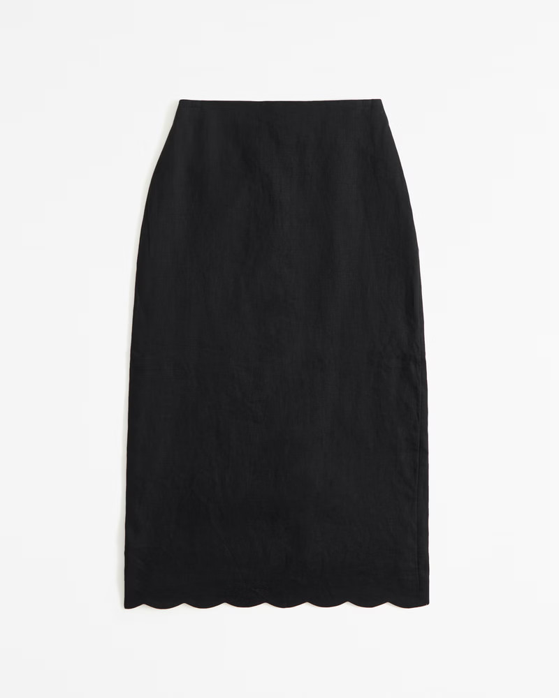 Premium Linen Scallop-Hem Midi Skirt | Abercrombie & Fitch (US)