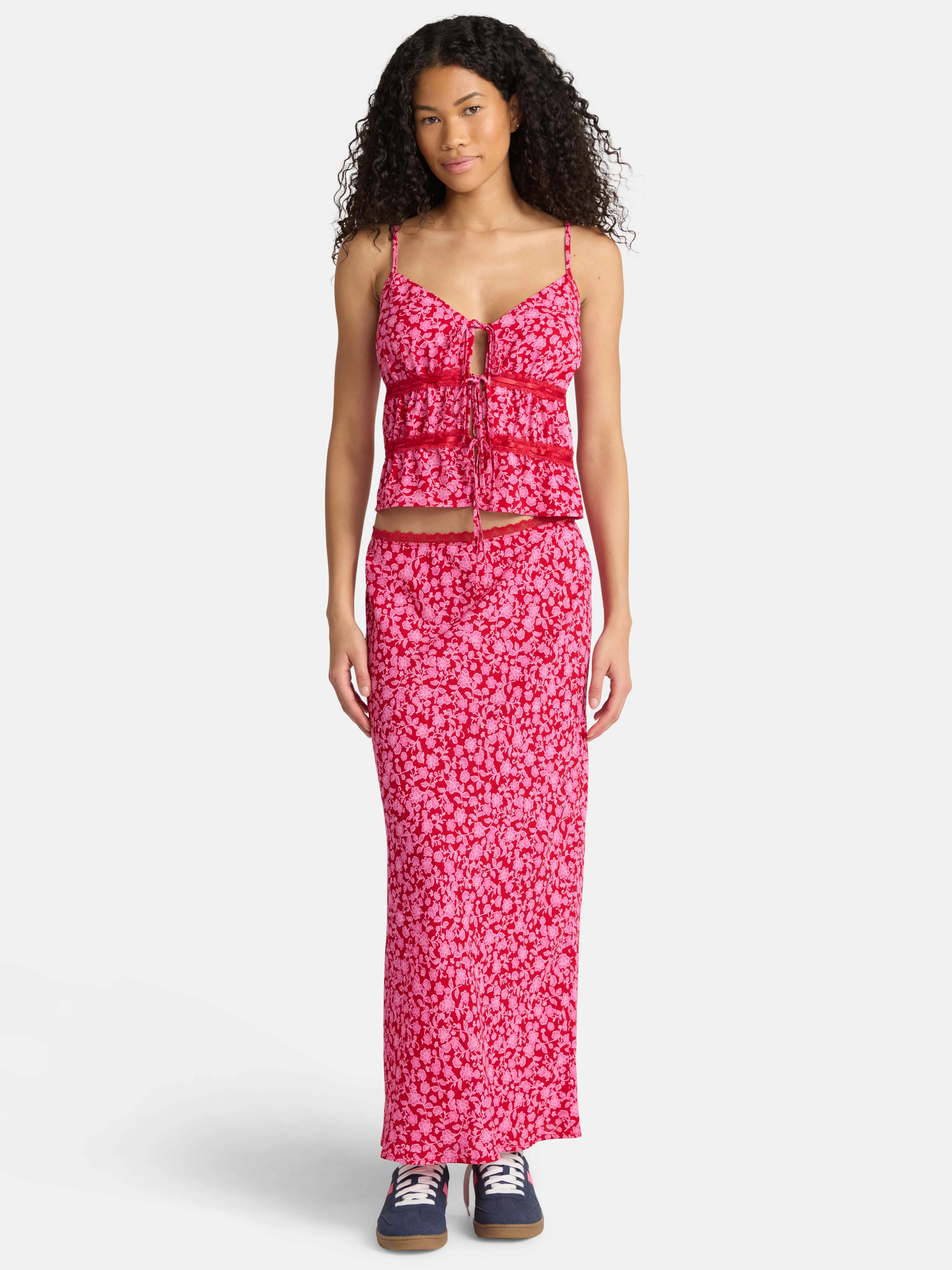 No Boundaries Tie Front Lace Top and Maxi Skirt Set, 2-Piece, Women's | Walmart (US)