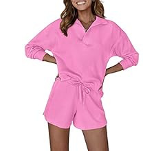 MEROKEETY Women's 2 Piece Waffle Knit Lounge Sets Long Sleeve Shorts Outfits Pjs with Pockets | Amazon (US)