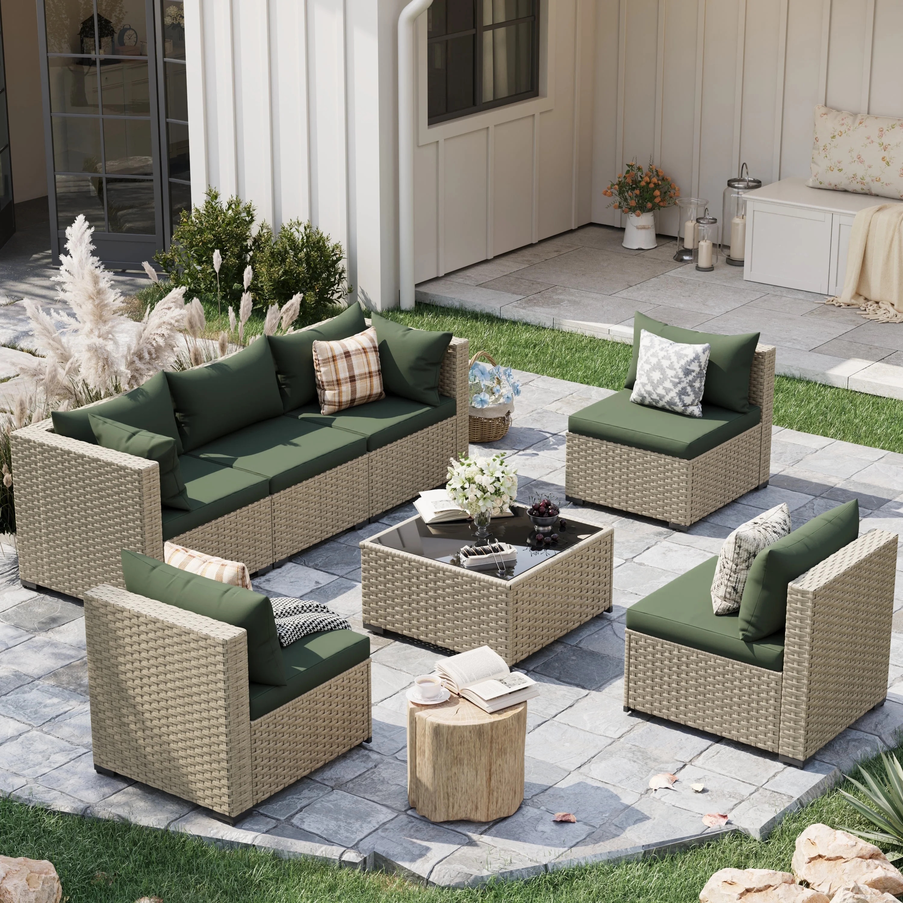 POTEBAN 7 Pieces Outdoor Patio Furniture Set, Grey Rattan Wicker Outdoor Conversation Sectional S... | Walmart (US)