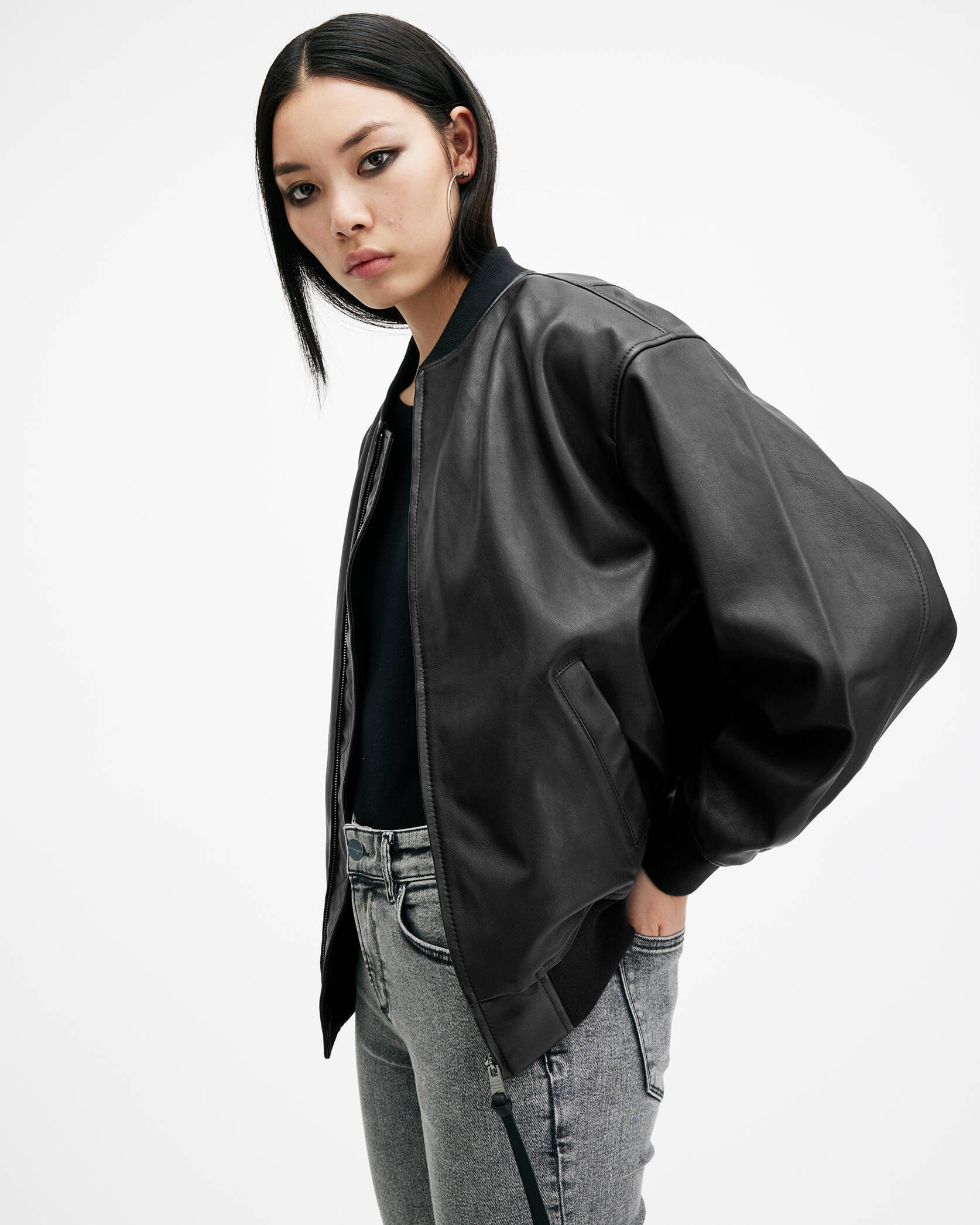 Belle Oversized Leather Bomber Jacket Black | ALLSAINTS | AllSaints UK